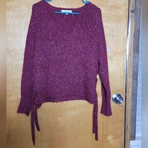 John + Jenn Burgundy Marled Cordovan Side Lace Up Knit Sweater Sz L